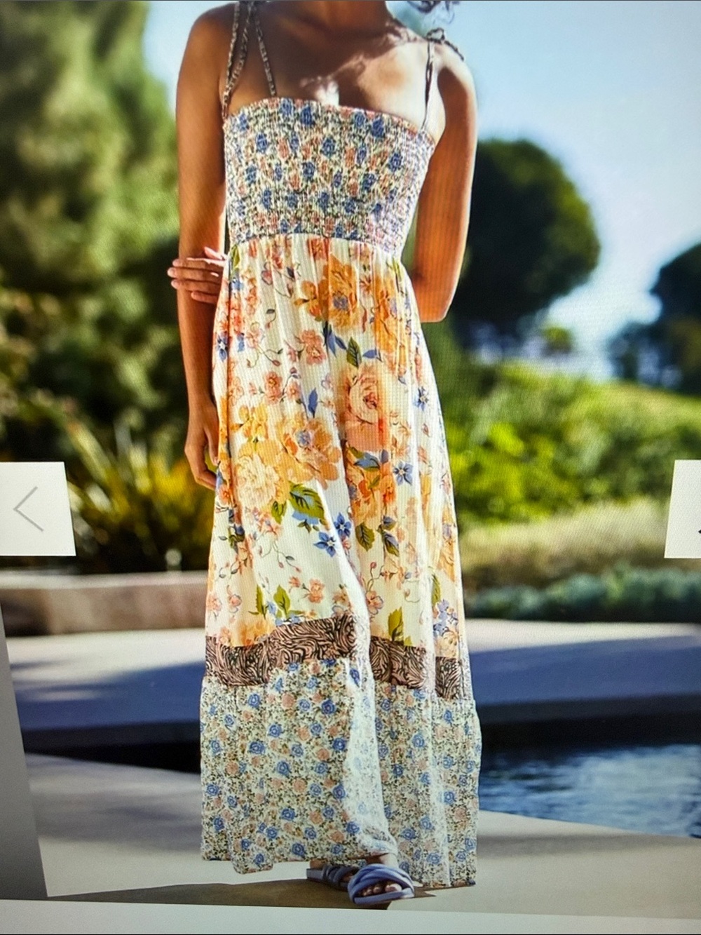 NWOT Maaji Peach & Blue Floral Smocked Chest Maxi Sundress
